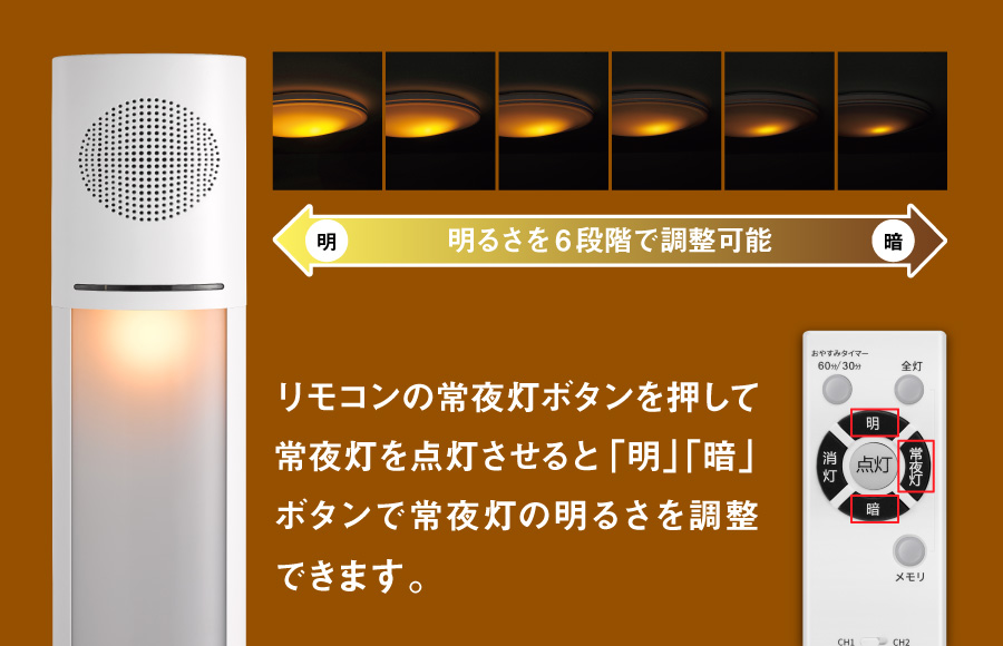 常夜灯の明るさを6段階で調整可能（NLER001-LC / スピーカー搭載・長型シーリングライト）